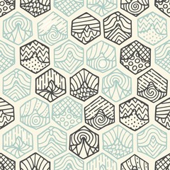 Hand drawn seamless pattern with doodle filled hexagons