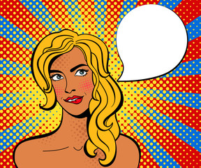 Sexy pop art woman . Vector background in comic style retro pop art. Invitation to a party. Face close-up.