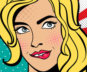 Sexy pop art woman with squinted eyes and open mouth. Vector background in comic style retro pop art. Invitation to a party. 