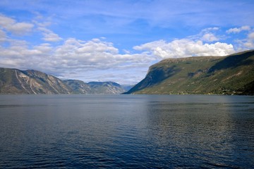 Norway Nature Fjord, Summer Sognefjord. Sunny Day, Landscape With Mountain, Pure Water Lake, Pond, Sea