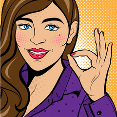 Sexy pop art woman with open mouth. Vector background in comic style retro pop art. Invitation to a party. Face close-up.