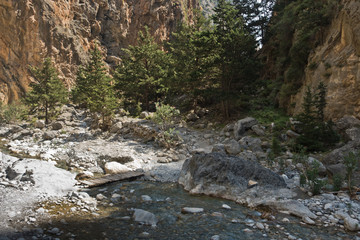 Crossing over mountain river at rocky terrain of Samaria gorge, south west part of Crete island,...