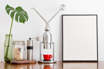 Kitchen interior design coffee maker and poster frame mock up.