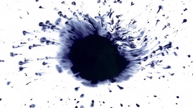 Beautiful watercolor ink drops on white paper, paint bleed Bloom, with black circle organic flow expanding, splatter spreading on clear background. Perfect for motion graphics, digital composition.