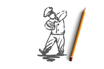 Obraz premium Boy, cook, whips, dough, baker concept. Hand drawn isolated vector.