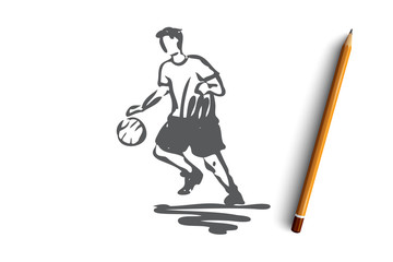 Boy, sport, basketball, ball, sport concept. Hand drawn isolated vector.