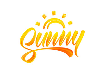 Handwritten brush stroke yellow acrylic paint lettering of Sunny with Sun. Summer modern calligraphy