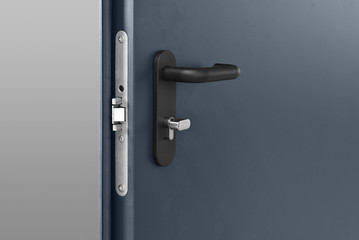 Steel Dark Blue Metallic Door With Lock And Black Plastic Handle