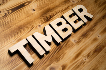 TIMBER word made with building blocks on wooden board.