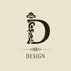 Elegant Capital letter D. Graceful royal style. Calligraphic beautiful logo. Vintage floral drawn emblem for book design, brand name, business card, Restaurant, Boutique, Hotel. Vector illustration