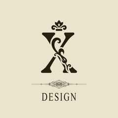 Elegant Capital letter X. Graceful royal style. Calligraphic beautiful logo. Vintage floral drawn emblem for book design, brand name, business card, Restaurant, Boutique, Hotel. Vector illustration