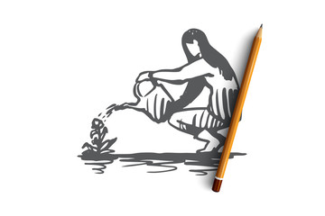 Woman, watering, flower, plant, gardening concept. Hand drawn isolated vector.