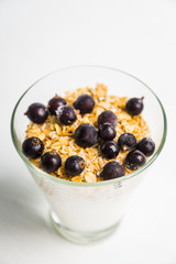 Healthy and tasty breakfast with muesli black currant and yogurt. Selective focus.