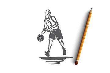 Old, man, play, basketball, activity concept. Hand drawn isolated vector.