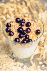 Healthy and tasty breakfast with muesli black currant and yogurt. Selective focus.