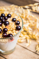 Healthy and tasty breakfast with muesli black currant and yogurt. Selective focus.