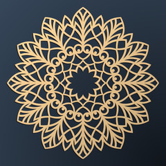 Laser cutting mandala. Golden floral pattern. Oriental silhouette ornament. Vector coaster design.