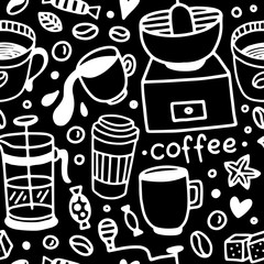 Black and white coffee seamless pattern. Vector background with sweet food, coffee cups, beans, graphic elements