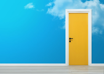 Yellow door with black handle in a wall with cloudy sky illustration