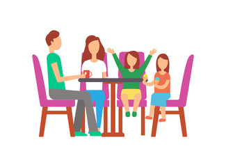 Father and mother with kids eating in cafe vector. Father with cup of tea, daughter holding ice cream. Mother and kid waiting for order, people on weekend