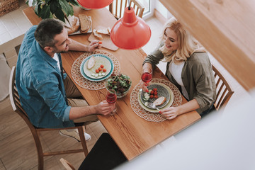 Happy wife and husband having dinner at home