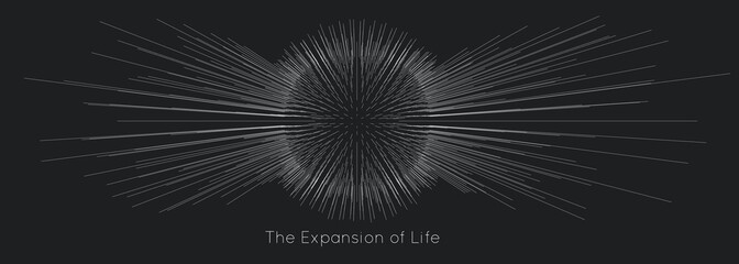 Expansion of life. Vector sphere explosion background. Small particles strive out of center. Blurred debrises into rays or lines under high speed of motion. Burst, explosion backdrop.