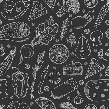 Healthy food seamless pattern. Vegetables, fruits, fish, meat products and spices hand-drawn on black background. 