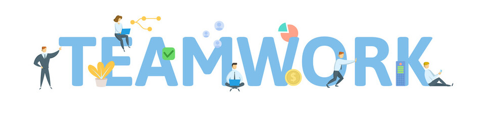 TEAMWORK. Concept with people, letters and icons. Colored flat vector illustration. Isolated on white background.