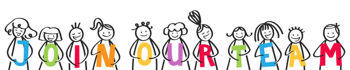 JOIN OUR TEAM, stick figures holding colorful letters