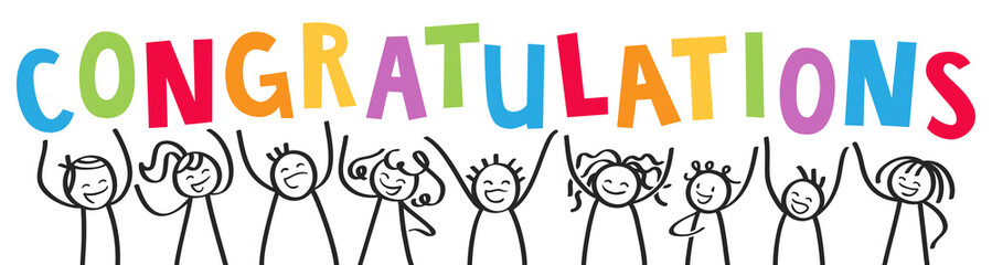 CONGRATULATIONS, stick figures cheering with colorful letters