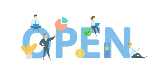 OPEN. Concept with people, letters and icons. Colored flat vector illustration. Isolated on white background.