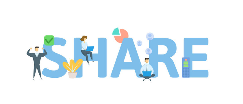 SHARE. Concept with people, letters and icons. Colored flat vector illustration. Isolated on white background.