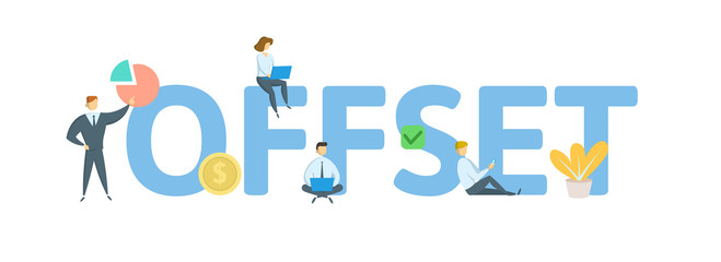 OFFSET. Concept with people, letters and icons. Colored flat vector illustration. Isolated on white background.