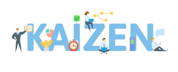 KAIZEN. Concept with people, letters and icons. Colored flat vector illustration. Isolated on white background.
