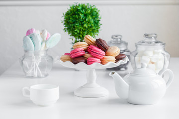 pink and chocolate macaroons on a white plate