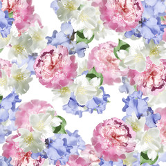 Beautiful floral background of irises, peonies and Jasmine
