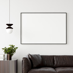Mock up poster frame in home interior background, Modern style living room, 3D render