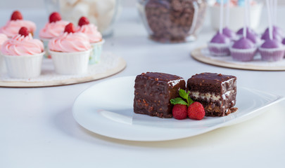chocolate cake with strawberries on a white background