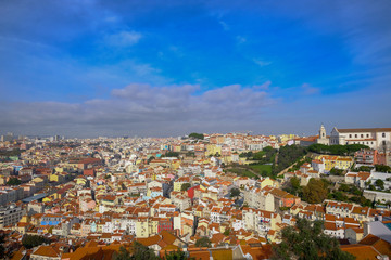 Fototapeta na wymiar High aerial view of multicolored lisbon town skyline ,portugal
