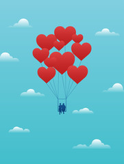 Fototapeta na wymiar Vector valentine day card with couple on swing carried away by heart balloons.