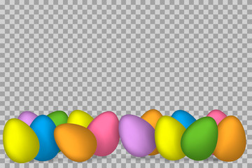 3D vector eggs as frame on transparent background for Easter greeting card, holiday poster, banner, invitation, Esater sales or promo, spring events. Holiday theme with color eggs on borders.