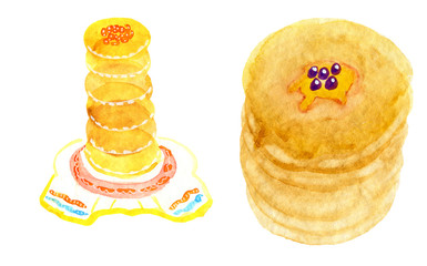 Shrove tuesday hand drawn watercolor. Shrovetide folk carnival russian simbols of coming spring holiday. Set of pancakes stack