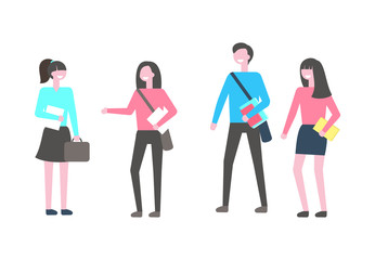 Students with books, vector isolated cartoon people. College learners, teenagers in casual cloth, textbooks in hands, male and female characters