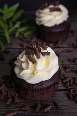 chocolate cupcakes with white cream and chocolate chips on a wooden background