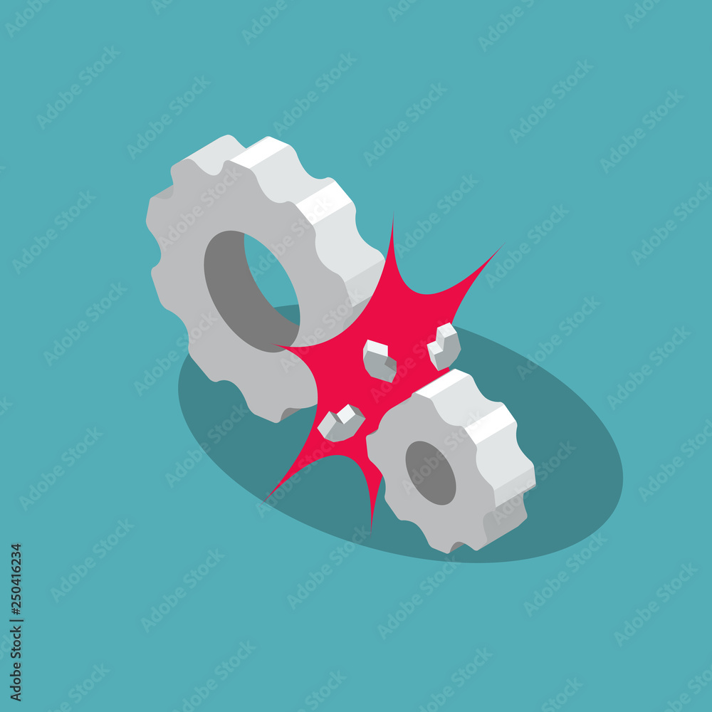 Aufkleber denial of services (dos) attack symbol with broken gears, isolated on blue background. flat design, 