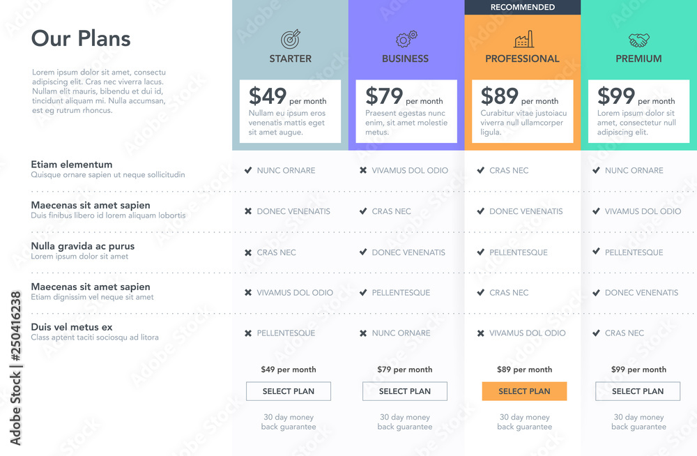 Leinwandbilder price comparison table with description of features for commercial business web services and applica
