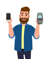 Man showing or holding a mobile, cell, smart phone and POS terminal, credit or debit card swiping machine in hand. Wireless, cashless electronic payment & mobile banking concept illustration cartoon.