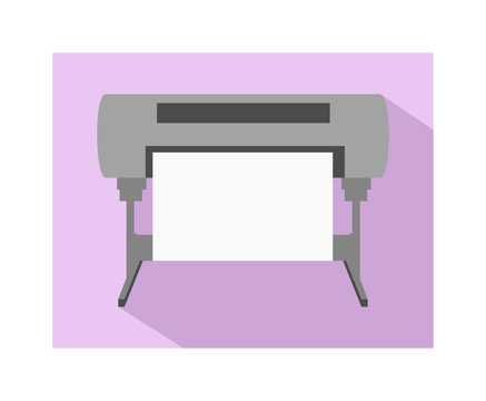 Vector flat simple icon of cmyk plotter &ndash; inkjet printing machine for large formats with dark shadow on a light violet background