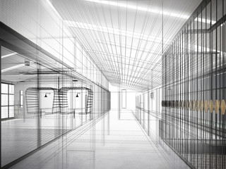 sketch design of interior hall, 3d rendering