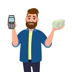 Man is showing or holding a POS terminal or credit, debit card swiping payment machine and bunch or cash, money, currency, bank notes in hand. Business, finance,digital payment, cashless concept.